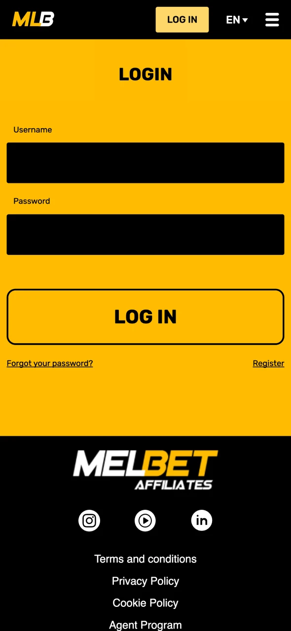 Access your Melbet partner dashboard.