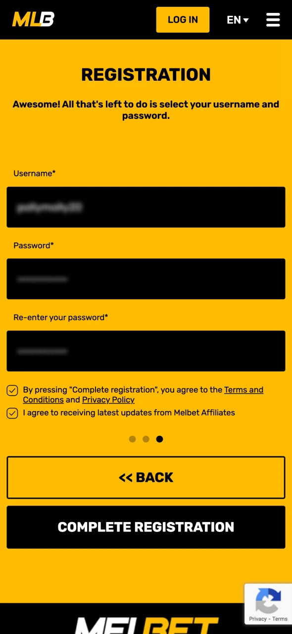 Complete the registration form at Melbet affiliates.