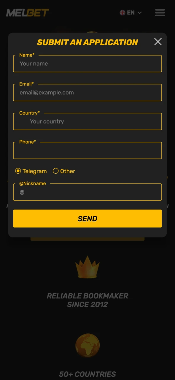 Create a Melbet agent account on the platform.