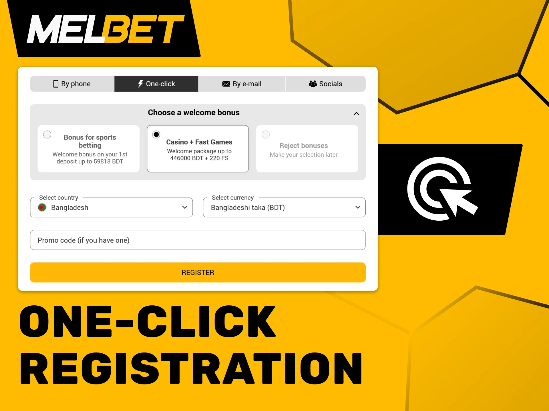 Join Melbet easily with a single-click registration method.
