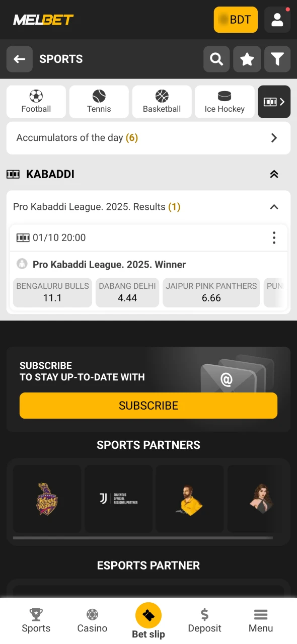 Select the kabaddi category from the Melbet side menu.