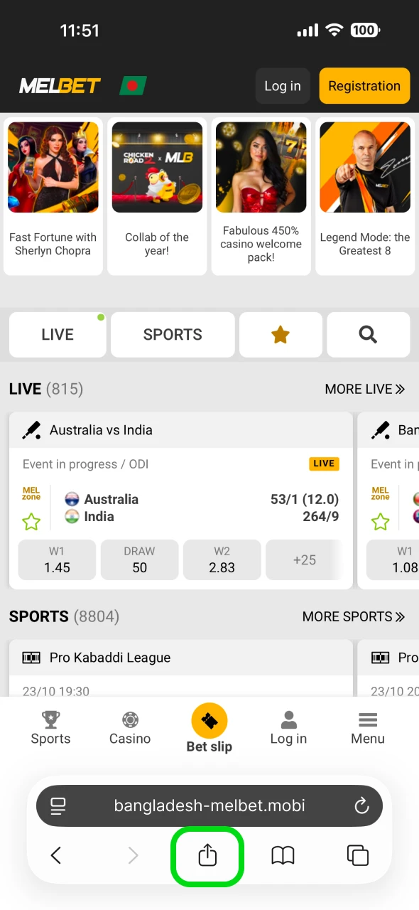 Open the Melbet website in Safari and tap the share icon.