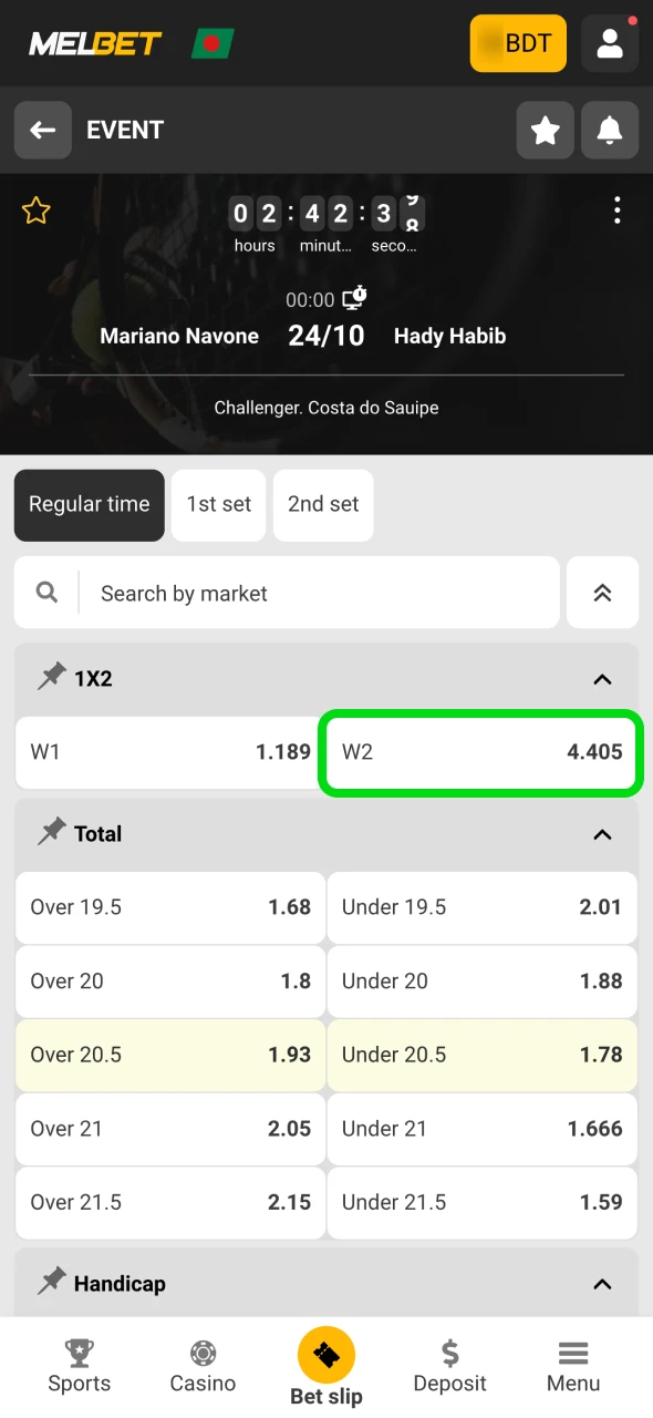 Decide on a betting market to bet at Melbet.